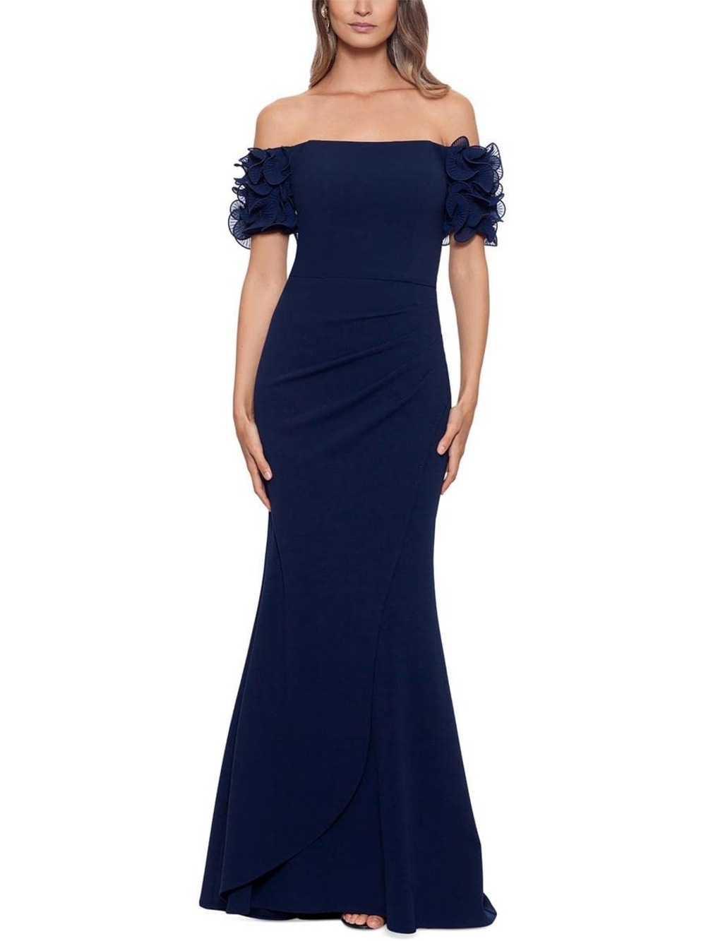 Xscape Ashlyn gown Long Scuba Crepe Off-The-Shoulder Wire Flower Navy, size 10